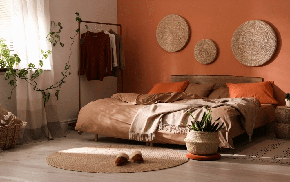 Bedroom home interior design with warm earthy colours