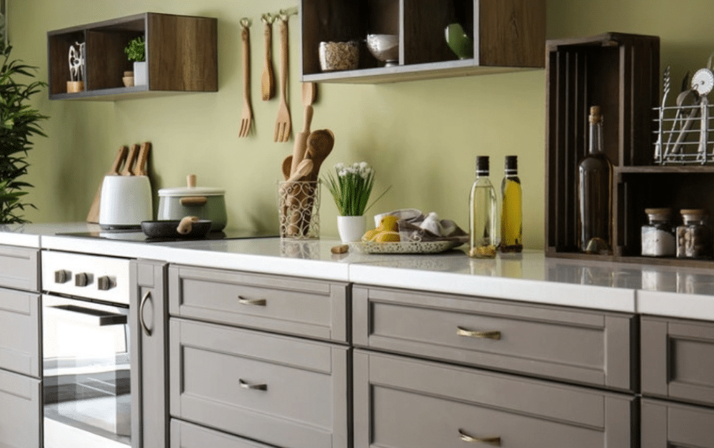 Kitchen home interior design with green colour backsplash