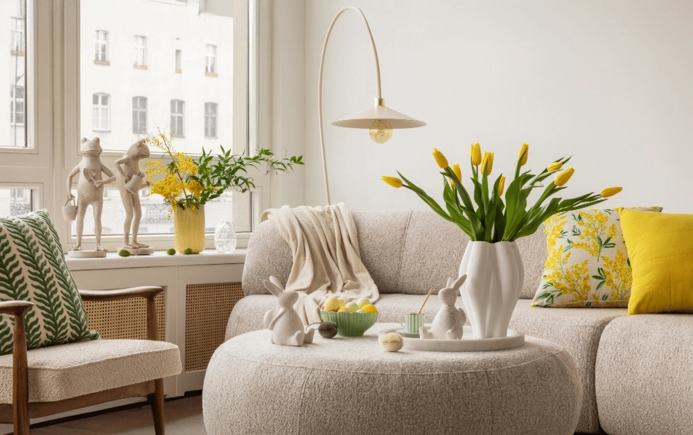 Living room home interior design with pops of colour in yellow